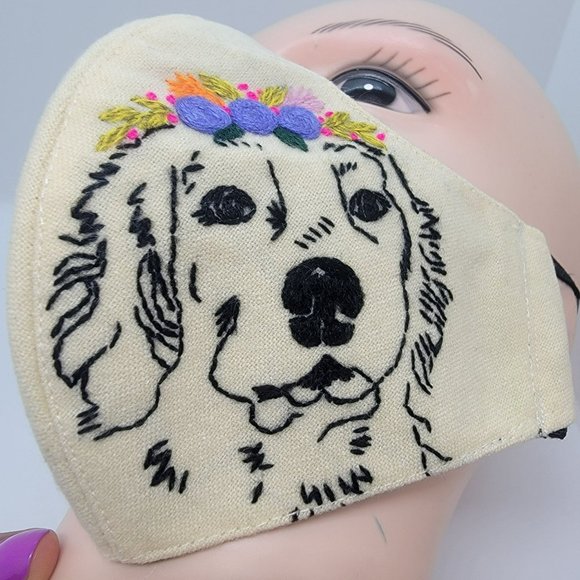 New Face cover ear loop Cream Mask Women Embroidered handmade golden retriever - Picture 1 of 6